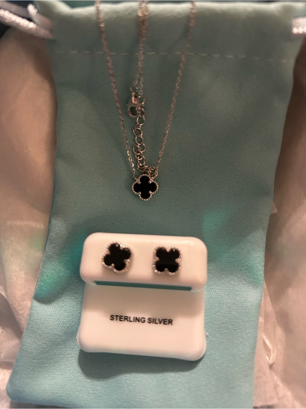 Sterling Silver Black Clover Stud Earrings with Matching Pendant Necklace